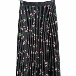 Floral Pleated Skirt Midi Long Black Pink A-Line Chiffon High Waist Size 2-4